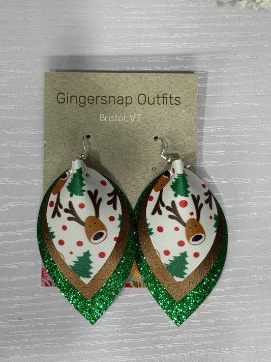 Large Curved Green Reindeer earrings