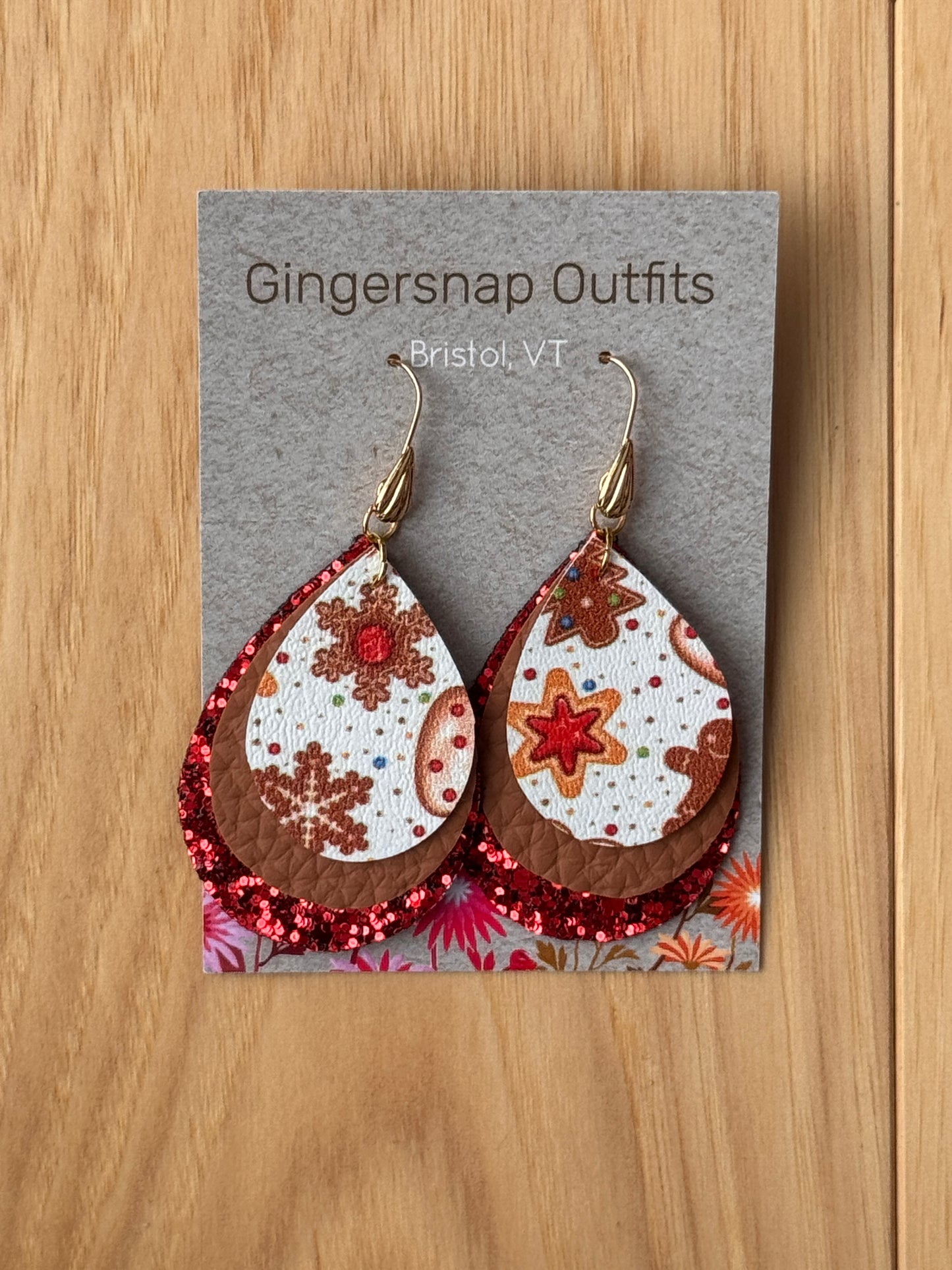 Small holiday gingerbread triple layer earrings