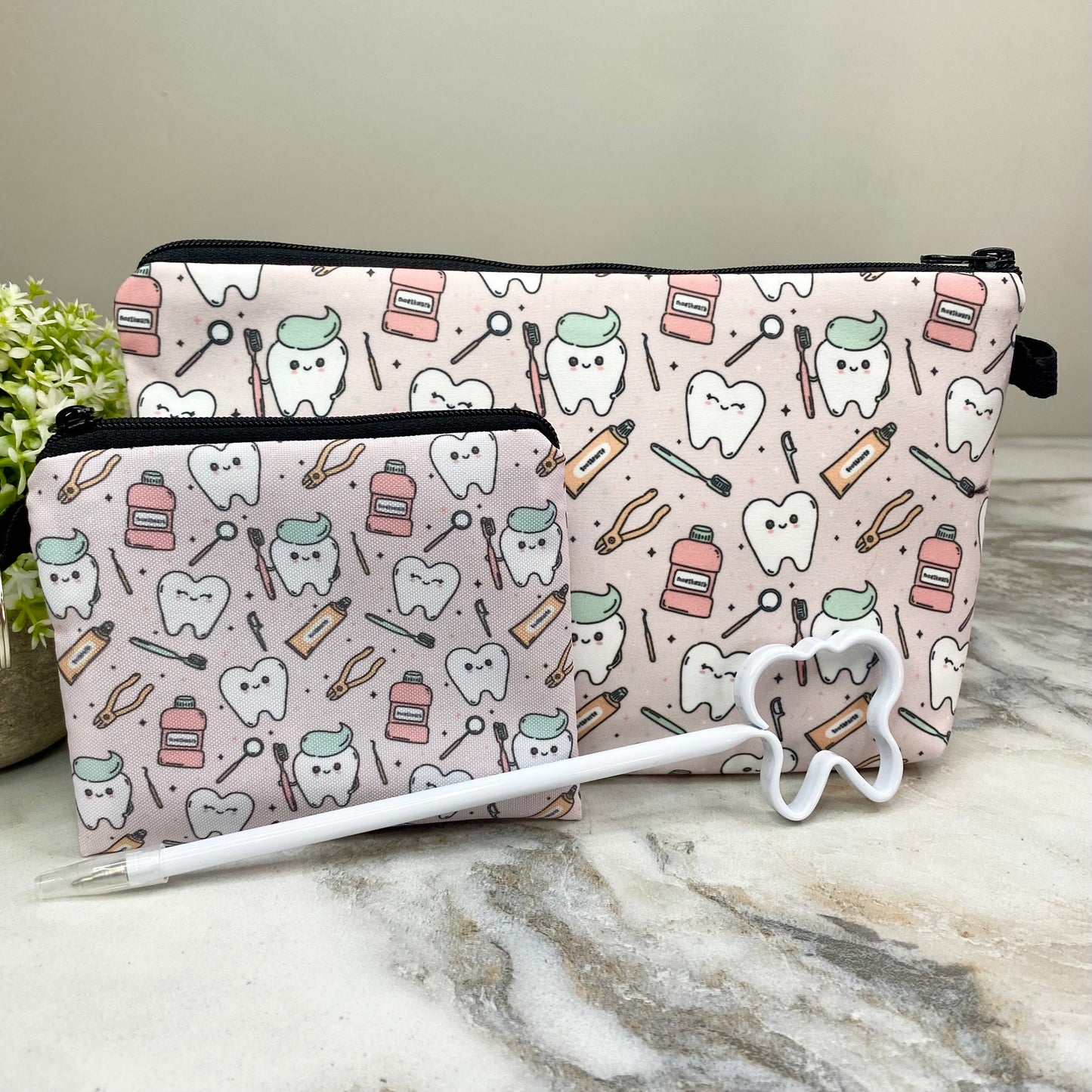 Pouch, Mini Pouch, & Pen Bundled Set - Tooth Dental Hygiene on Pink