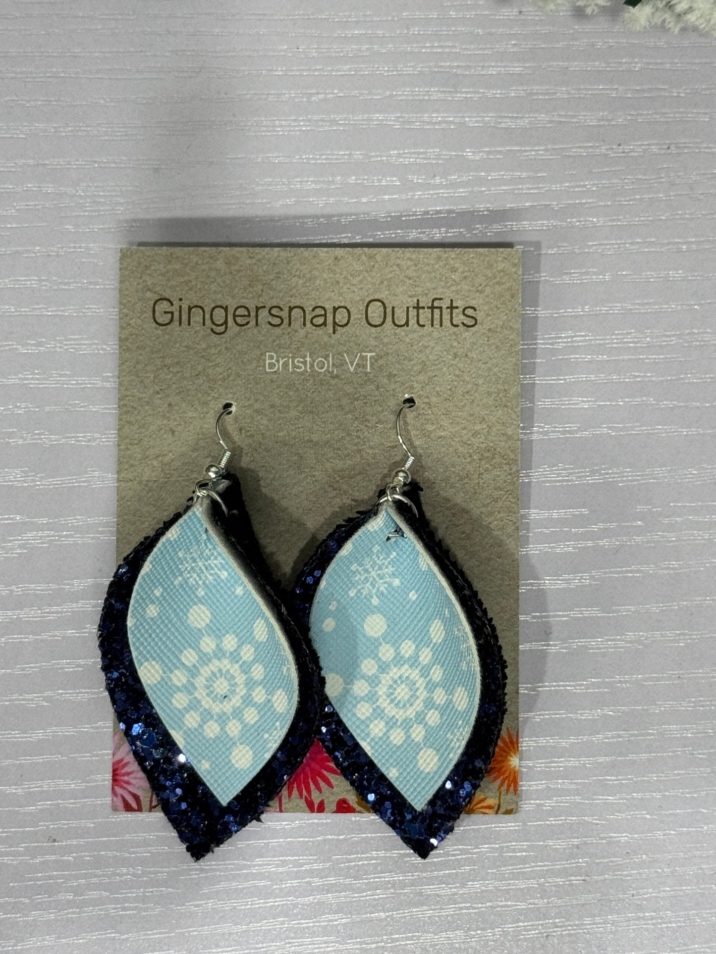 Large Curved Blue Glitter Snowflakes earrings
