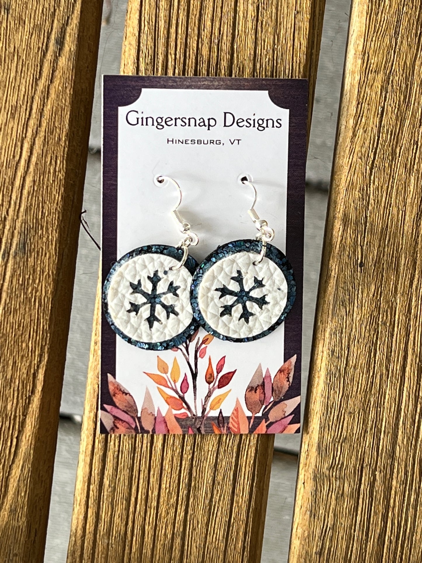 Small round blue snowflake earrings Gingersnap Originals
